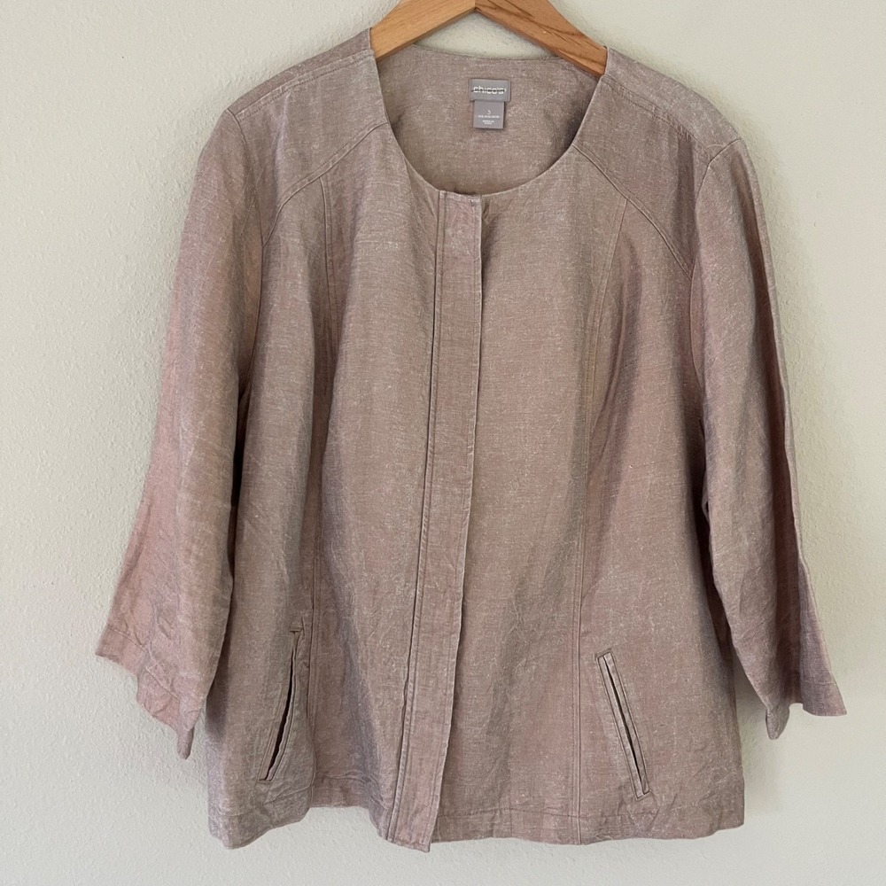 Chico's 100% Linen Jacket Size 16 18‎ Taupe Shimmer Travel Minimalist Coastal